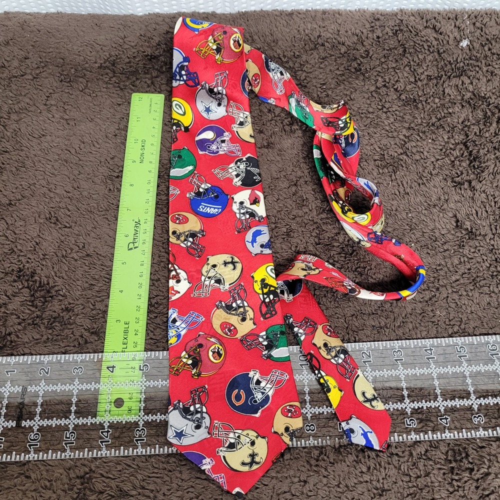 Team NFL Mens Red Silk Tie All Over Helmet Print Vintage Football Necktie USA